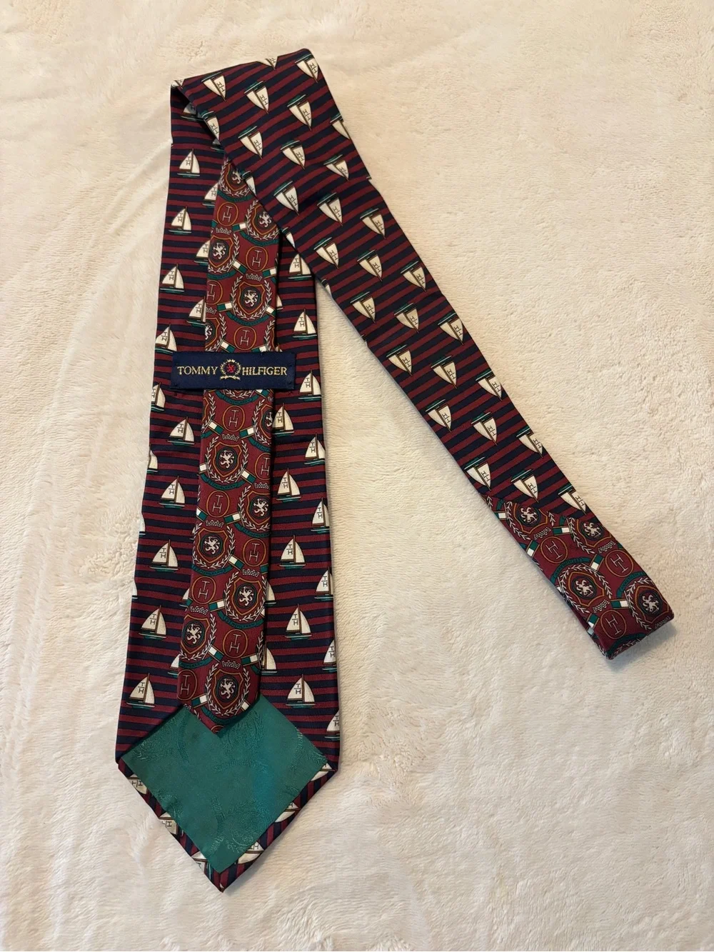 Vintage Tommy Hilfiger Red Blue 100% Italian Silk Made In USA Sail Boat Print
